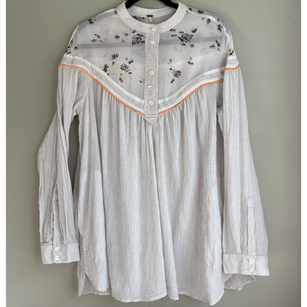 FREE PEOPLE Striped Floral Mesh Sheer Tunic Top Festival Boho‎ Cottagecore M